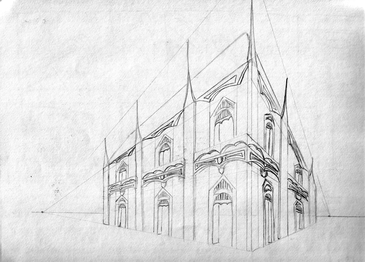 This pencil sketch shows a perspective drawing of a grand architectural building, likely a cathedral or similar Gothic structure, with intricate details above the doors and windows. The building features tall, pointed spires on each corner and large arched windows with decorative trims. The sketch uses vanishing point perspective, with lines extending from the structure toward a distant point, emphasizing the depth and three-dimensionality of the building. The clean, detailed lines highlight the architectural complexity and symmetry of the structure, giving it a majestic and towering appearance.