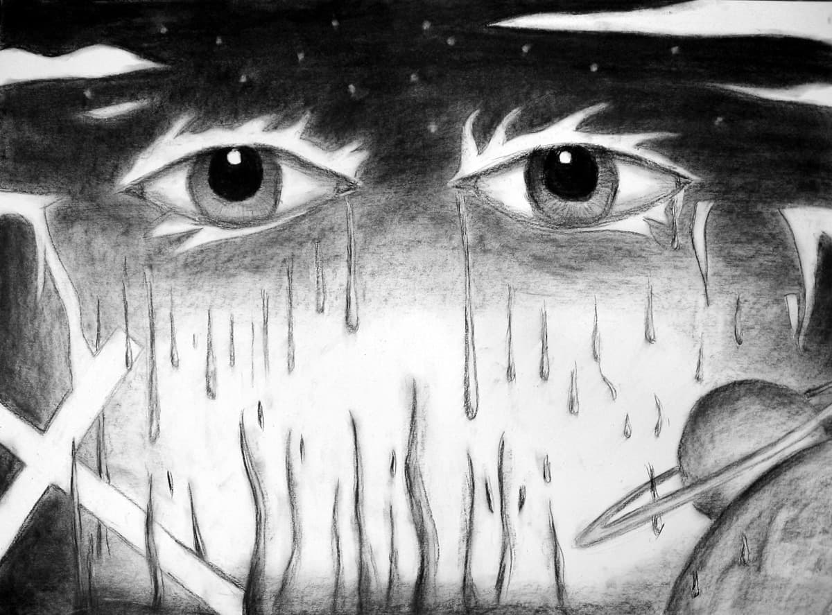 A surreal black-and-white drawing featuring two large, intense eyes staring forward with tears or liquid dripping down from them. The background is abstract, with a dark, starry sky at the top, jagged lines, and streaks descending toward the bottom. A planet with rings is visible in the lower right corner, adding a cosmic element. The overall mood is mysterious and contemplative, blending elements of space and emotion.