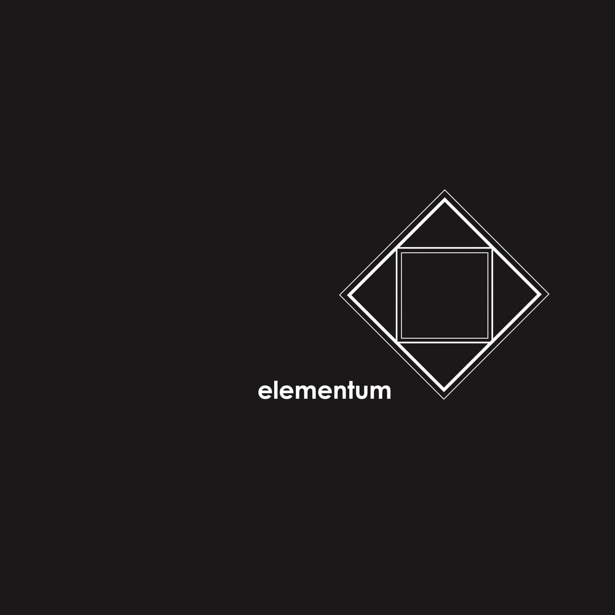 This minimalist graphic features the word "elementum" in lowercase white text on a black background. To the right of the text, there is a geometric design composed of two overlapping squares, one rotated at a 45-degree angle to create a diamond shape around the central square. The simple, clean lines of the squares and the dark background give the image a sleek, modern feel, while the placement of "elementum" near the geometric design suggests a connection between the word and the concept of balance or fundamental elements.