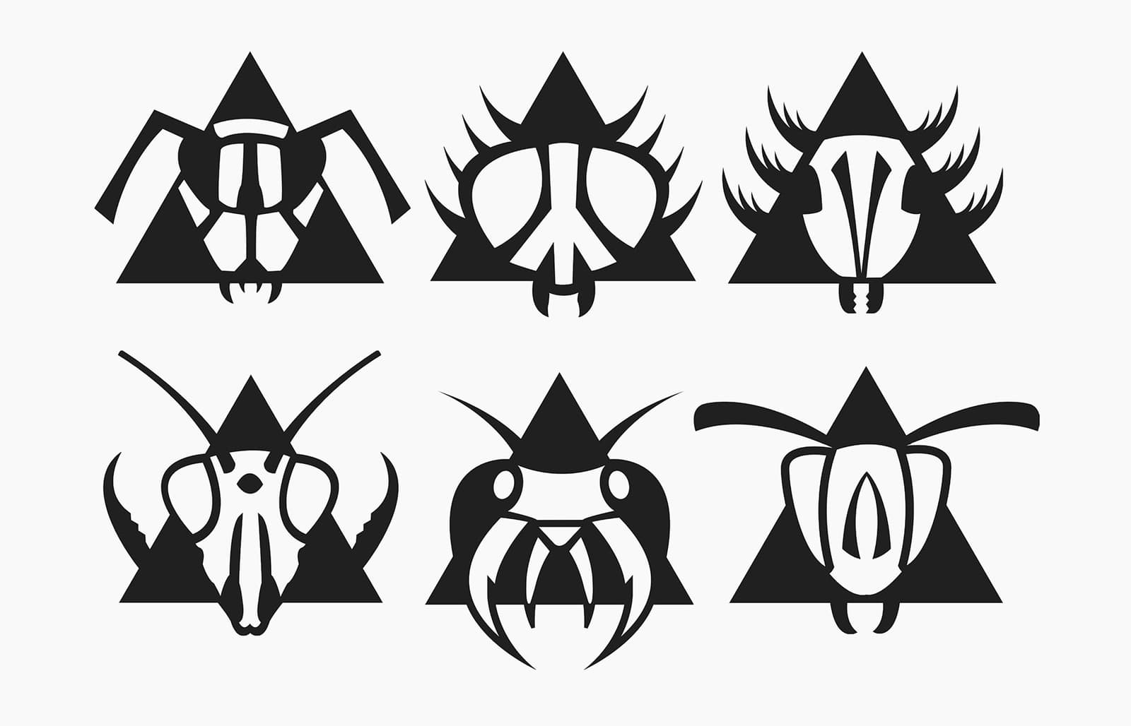 This graphic features six stylized insect head designs, arranged in two rows of three. Each insect head is framed within a black triangle, giving them a symmetrical, geometric appearance. The designs vary in form, with some having prominent mandibles, antennae, or horns, while others feature intricate patterns resembling wings or sharp appendages. The black-and-white contrast emphasizes the bold, abstract nature of the designs, making them resemble tribal symbols or logos. The overall composition has a modern, minimalist aesthetic, while still maintaining an organic, insect-like quality.