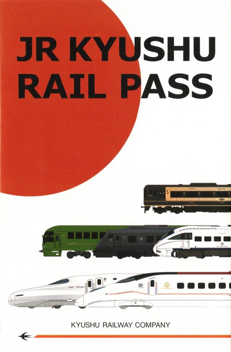 The cover of a JR Kyushu Rail Pass, showing multiple types of trains in profile, including a bullet train, with bold red and black lettering against a minimalist white background.