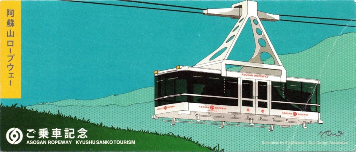 A ropeway ticket from Aso Ropeway, featuring an illustration of a cable car suspended on a green mountain backdrop. The ticket is marked "ASOSAN ROPEWAY" with accompanying Japanese text.