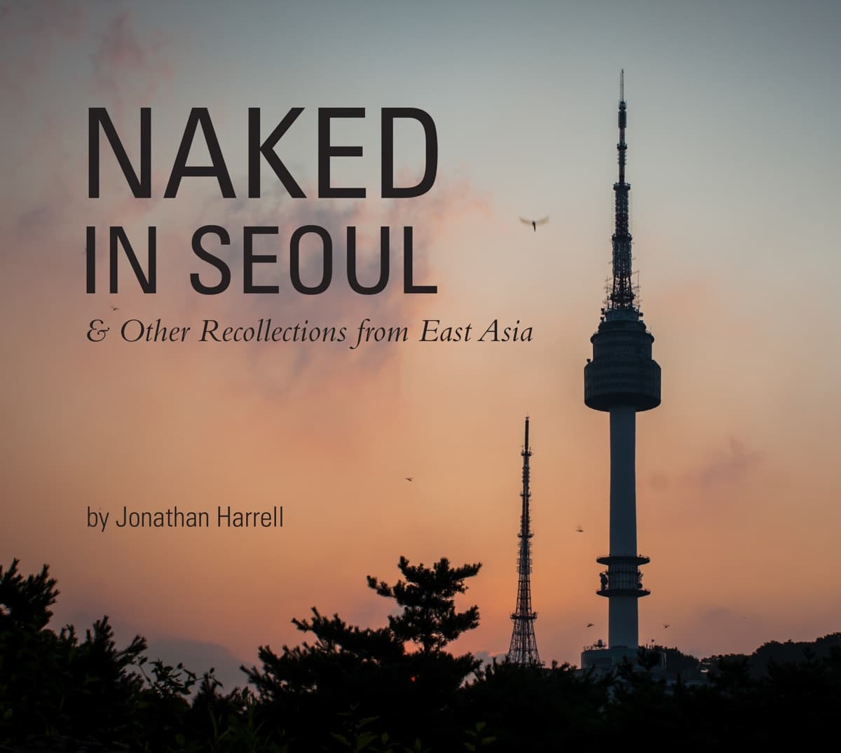 The cover of the book “Naked in Seoul & Other Recollections from East Asia” by Jonathan Harrell, featuring an image of Seoul’s Namsan Tower at sunset with soft pastel hues in the sky and silhouettes of trees in the foreground.