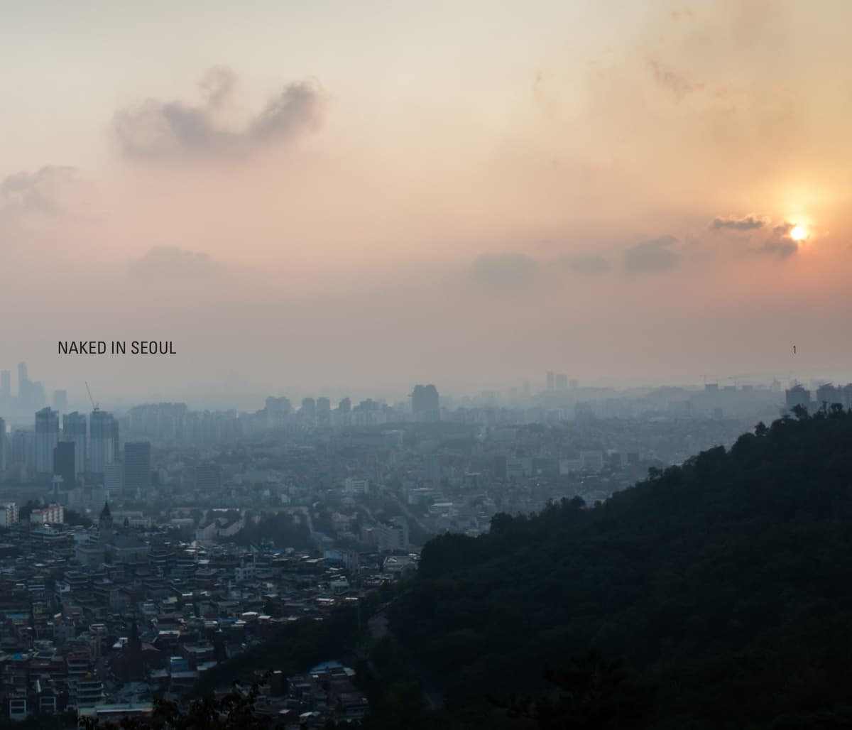 A panoramic view of Seoul's skyline during sunset, with the soft glow of the sun descending behind the city.