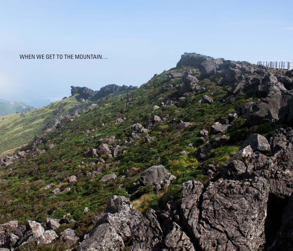 A rocky and green mountain slope with clear skies, showing the rugged beauty of nature.