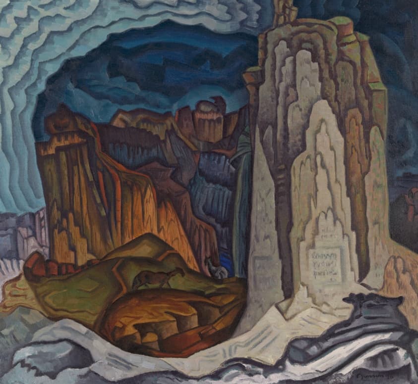 Abstract landscape painting featuring towering rock formations in rich earthy tones, with dramatic swirling clouds and deep blue sky overhead. The geometric style creates a sense of depth and movement within the scene.
