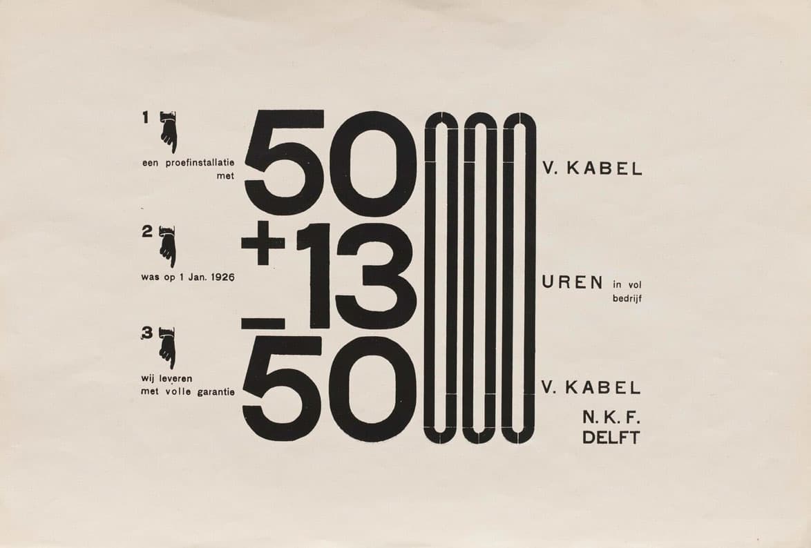 Abstract graphic design featuring bold black numbers and geometric shapes on a beige background. The main focus is on large numerals ‘50 + 13 - 50’ accompanied by vertical lines and minimalist text elements in Dutch, including the name ’V. Kabel’ and references to Delft. Small hand icons point to textual annotations.