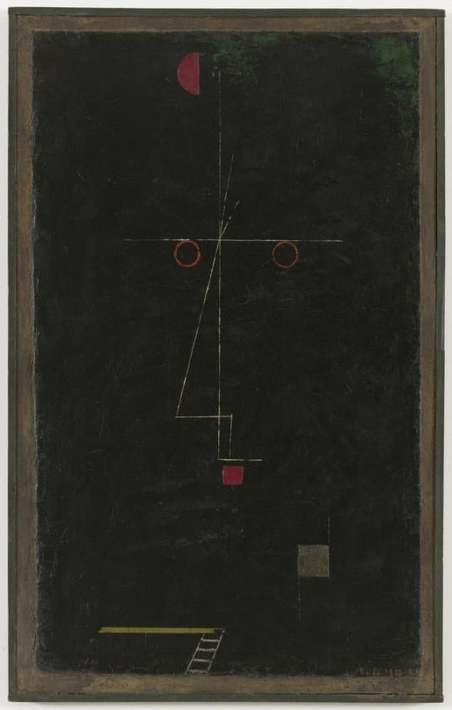 Abstract artwork featuring a dark, almost black background. Minimalist geometric shapes and lines form a highly stylized face with two small red circular shapes representing eyes, a thin yellow line outlining the nose, and a red square suggesting a mouth. Additional abstract elements, like a red half-circle near the top and a small ladder-like structure near the bottom, contribute to the surreal and balanced composition.