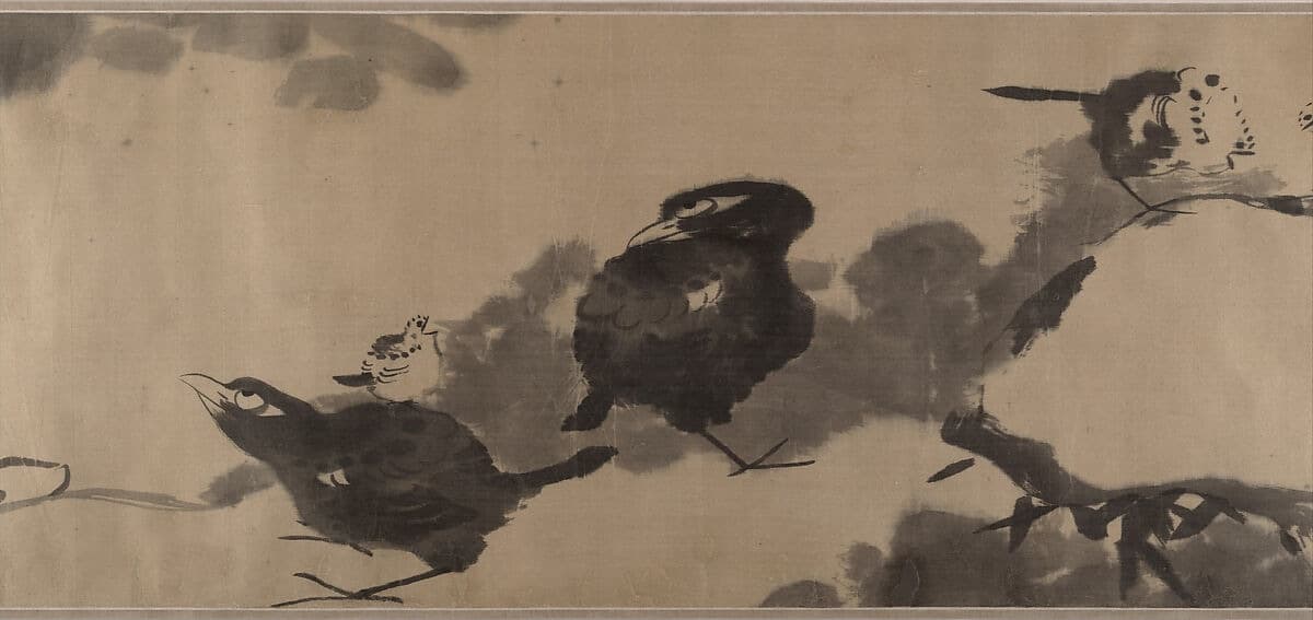 A traditional ink painting of birds in a natural setting, rendered in a minimalist style. The painting features two larger birds in the foreground, drawn with expressive brushstrokes, and a smaller bird perched on one of their backs. The background includes abstract shapes and forms suggesting trees or foliage, all done in soft shades of black and gray. The simplicity and fluidity of the brushwork evoke a sense of calm and harmony with nature.