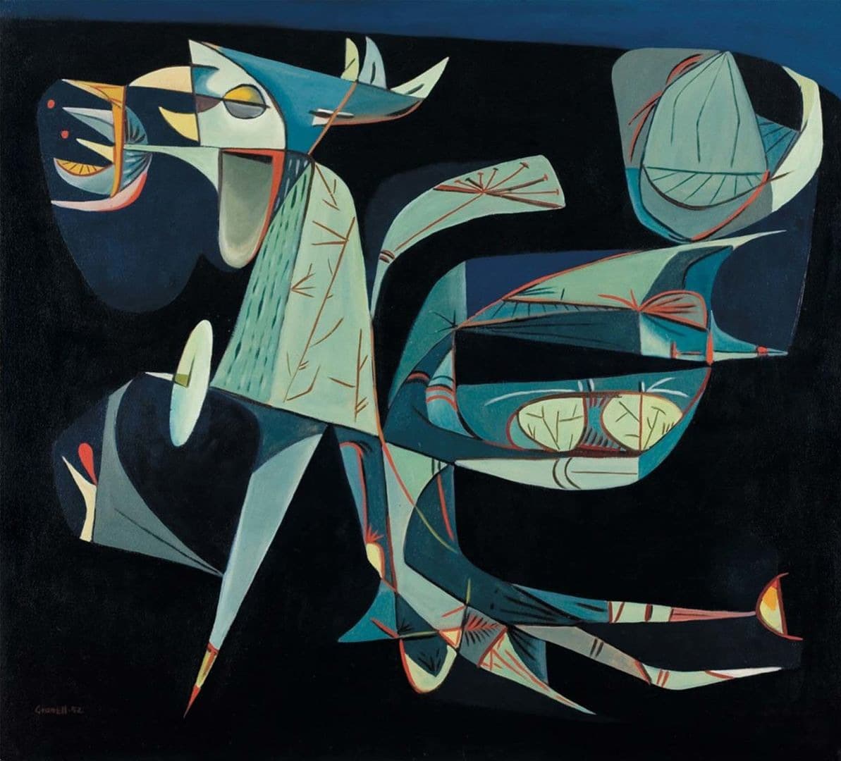 A stylized, abstract bird-like figure against a dark background. The geometric shapes and sharp lines form a fragmented, futuristic creature with minimal color—a mix of pale blue and green tones accented by red lines, creating a mechanical, otherworldly impression of flight.