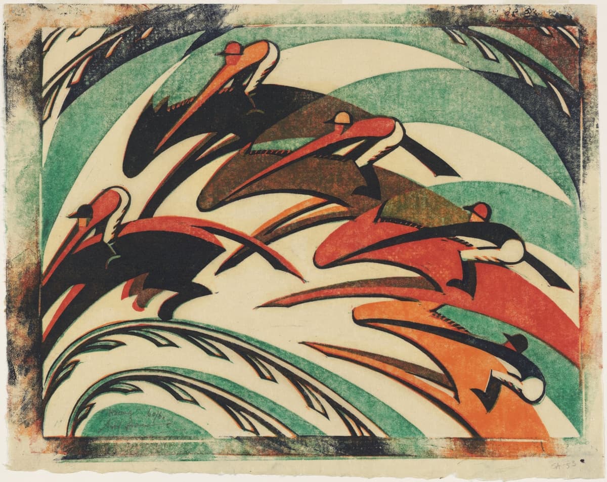 An abstract depiction of jockeys racing horses at full speed. The riders and horses are shown in sharp, angular forms, creating a sense of intense forward motion. The background consists of sweeping lines and curves, emphasizing the speed and competition, with vibrant reds, greens, and blacks dominating the palette.