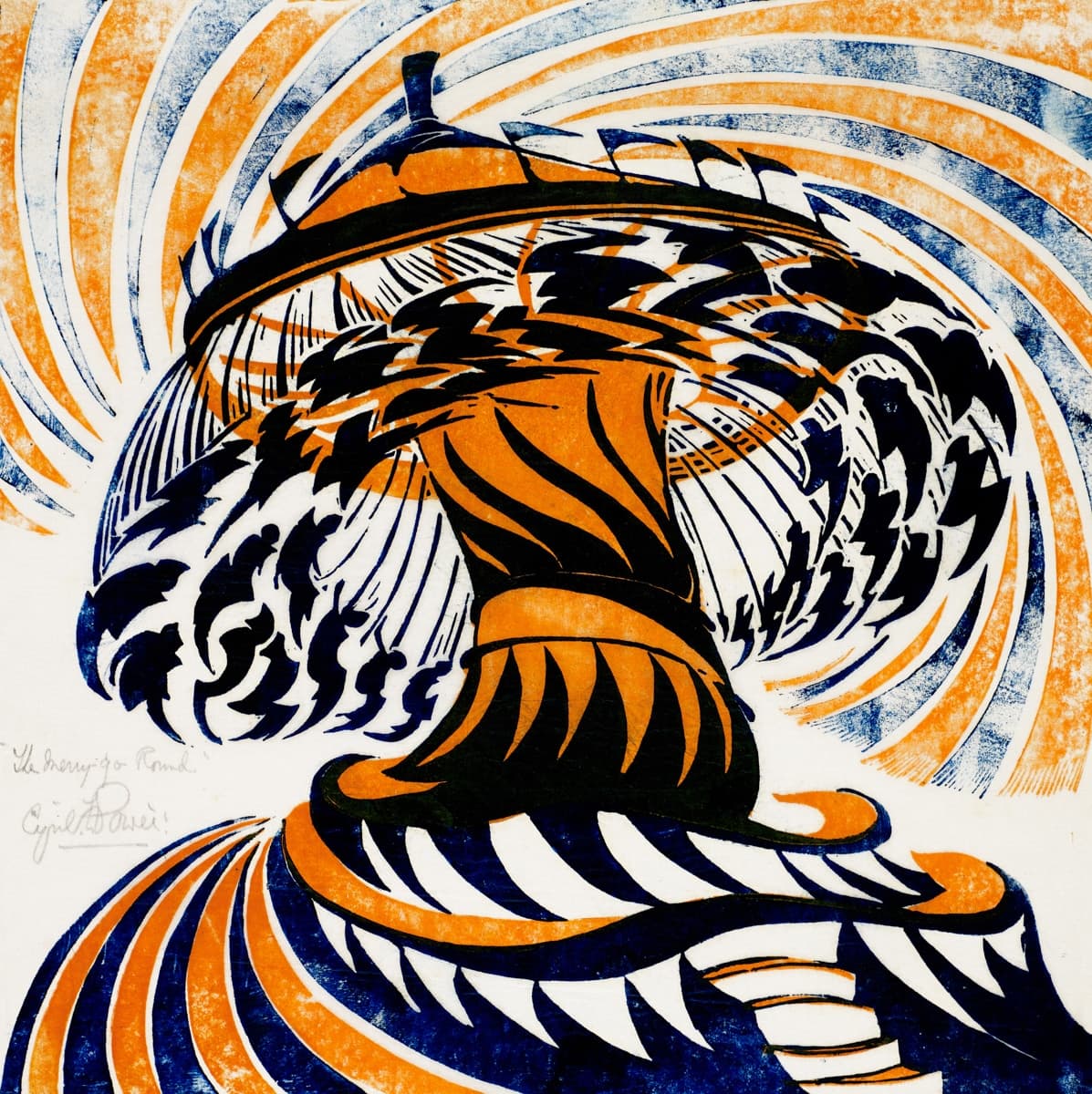 A colorful, swirling depiction of a merry-go-round in motion. The abstract style emphasizes the rotation and energy of the scene, with bold orange, blue, and white patterns spiraling outward from the central structure. The movement is chaotic yet rhythmic, suggesting a fast, almost dizzying ride.