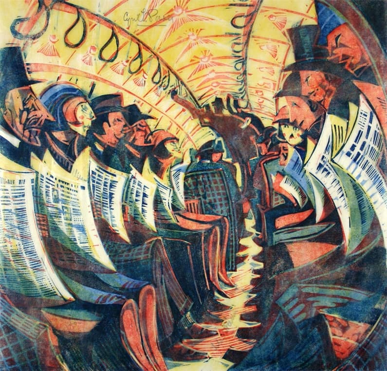 A dynamic and abstract portrayal of passengers seated inside a subway train, with angular, fragmented shapes. The figures are distorted, holding newspapers, with vibrant yellow and red tones lighting up the scene. The curved lines and exaggerated shapes create a sense of movement and tension within the confined space of the train.