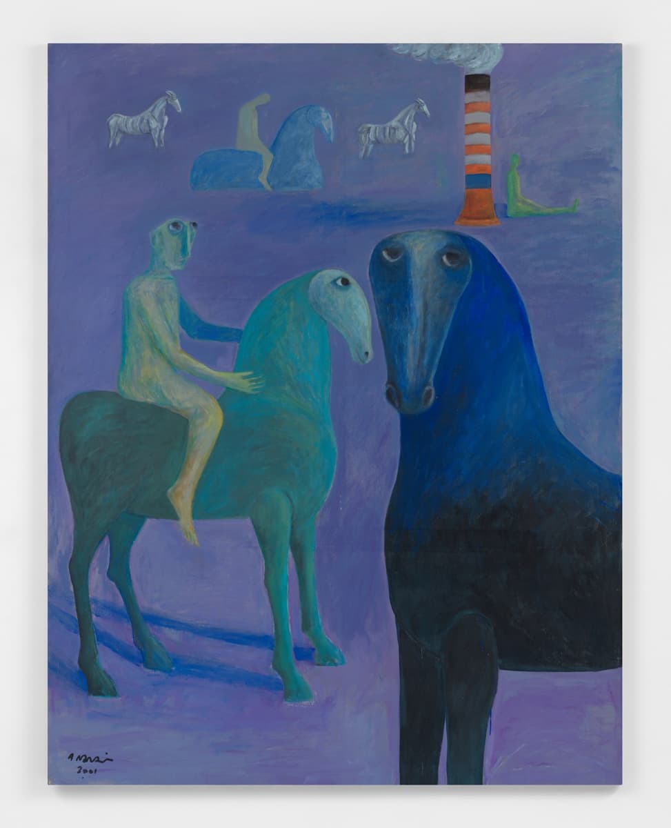 A surreal painting of multiple horse-like figures with humanoid riders, set against a purple backdrop. The horses and riders are depicted in shades of green and blue, while the largest figure, a dark blue horse, gazes directly at the viewer with a calm but haunting expression. The background includes more horse figures and an abstract striped tower emitting smoke, enhancing the dreamlike, otherworldly atmosphere.