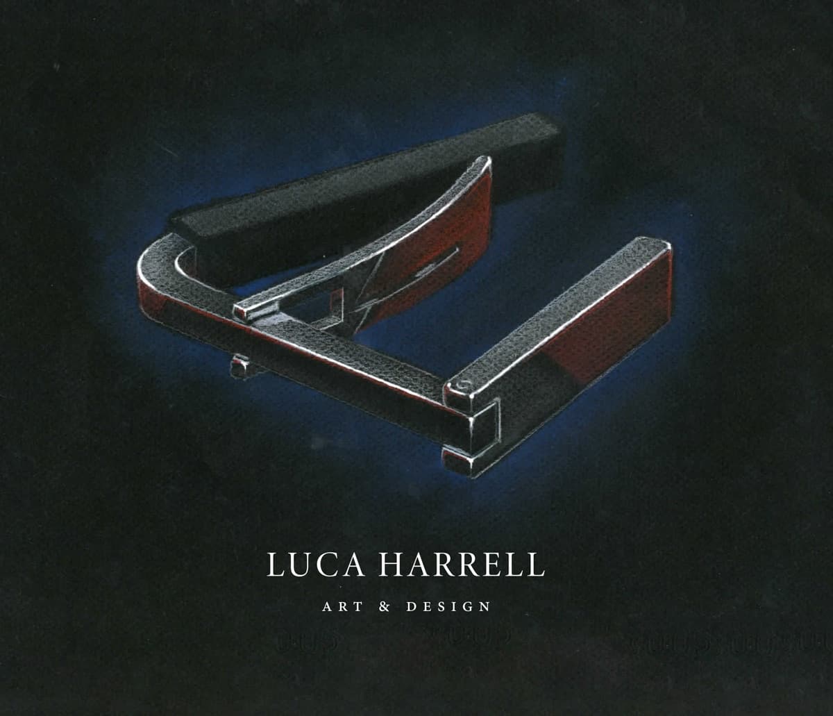 A detailed rendering of a modern guitar clip design, featuring sleek, angular lines and a combination of dark and metallic textures. The clip is set against a soft blue glow, highlighting its form and function. Below the image, the name "Luca Harrell" is displayed, along with the text "Art & Design," emphasizing the creative and contemporary nature of the design.