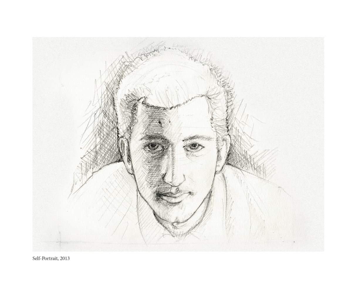 A hand-drawn self-portrait sketch from 2013, capturing the artist's facial features with soft pencil lines and cross-hatching to emphasize shading and texture.