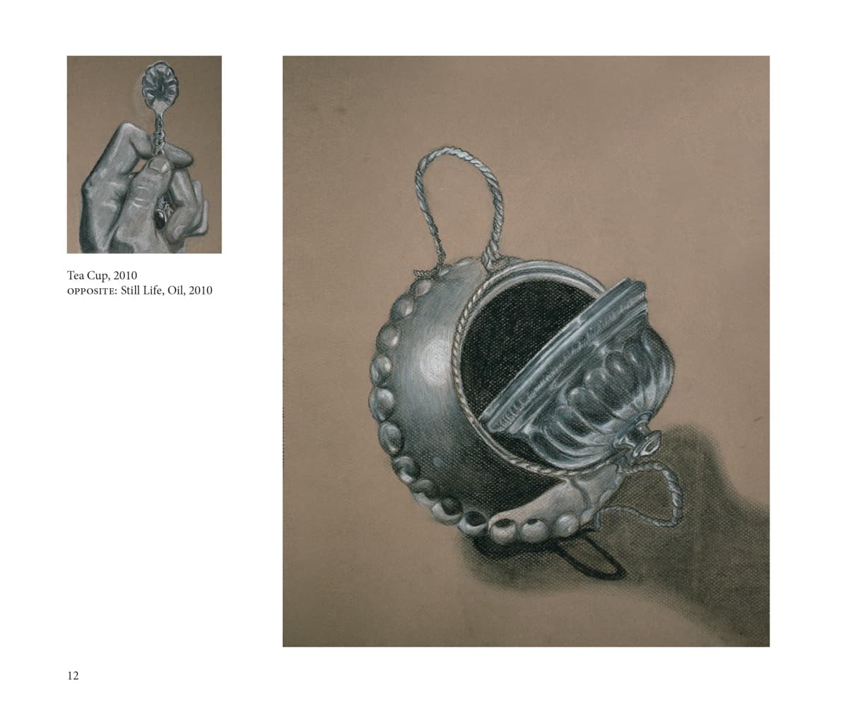 A finely detailed drawing of a silver teapot from 2010, paired with an image of a hand holding an ornate teacup. The rendering focuses on the metallic shine and reflections.