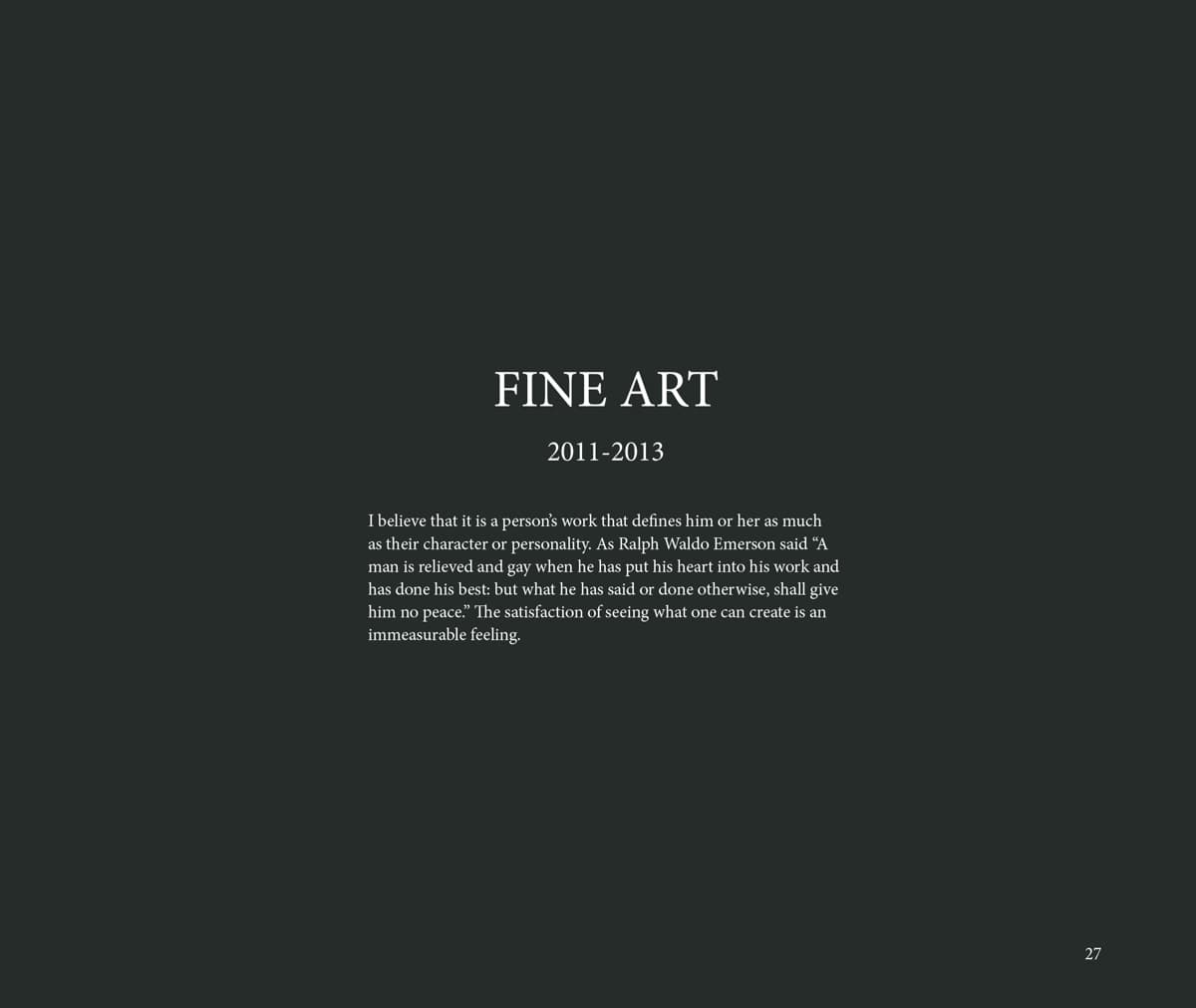 A text page introducing a fine art collection from 2011-2013, with a Ralph Waldo Emerson quote about the importance of putting heart into one's work.