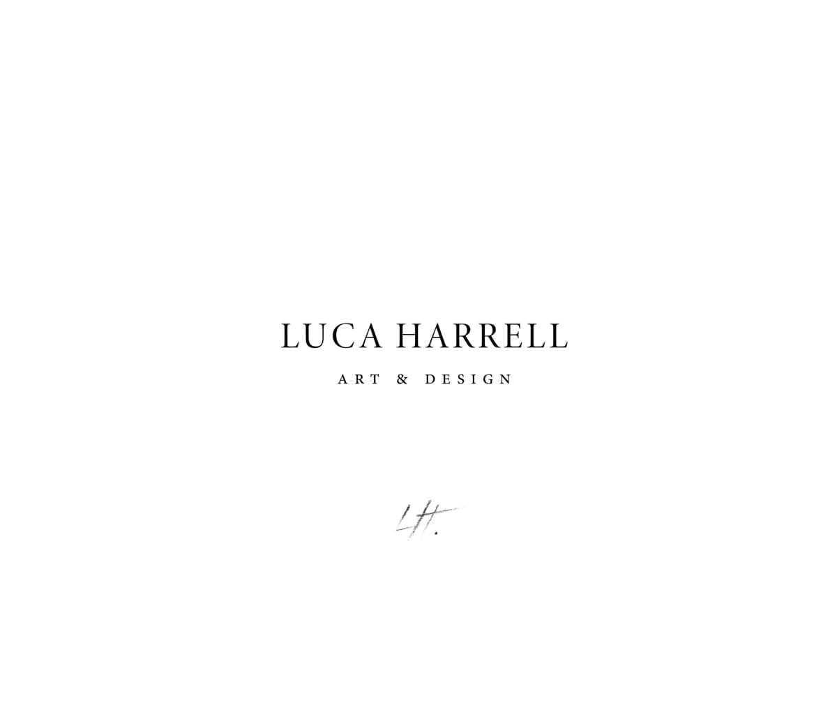 A minimalist white page featuring the name "Luca Harrell" under the title "Art & Design," along with a stylized signature beneath it.
