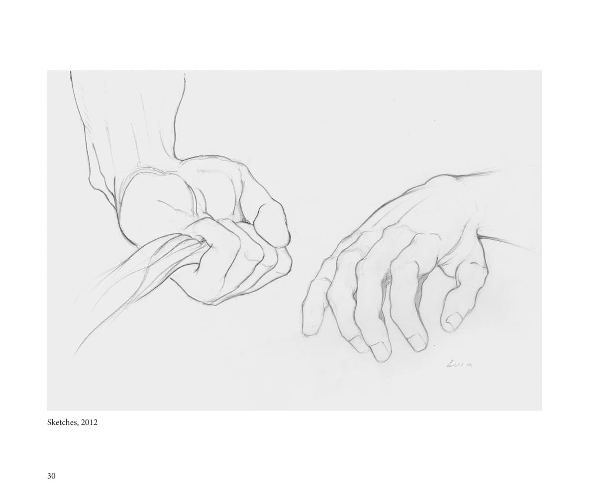 A hand-drawn sketch from 2012, featuring two hands in different positions: one gripping a rope and the other relaxed, showing anatomical detail and soft shading.