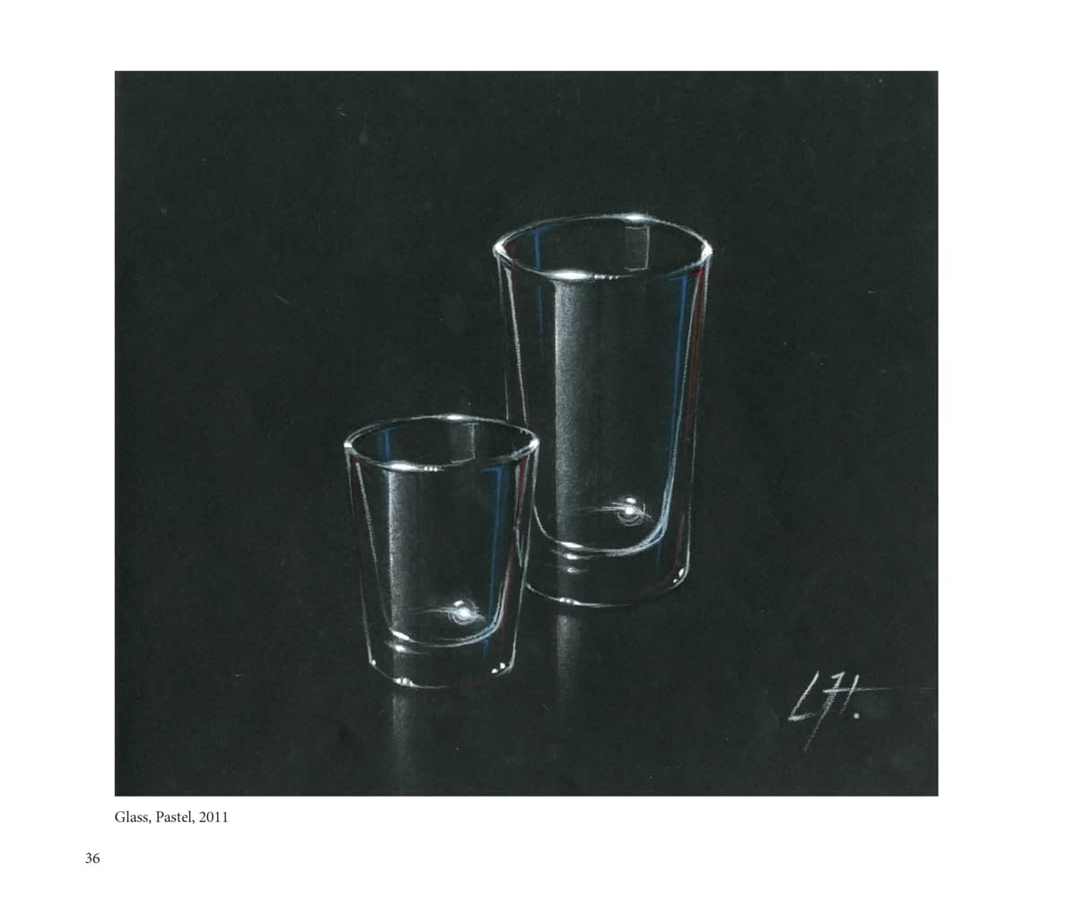 A pastel drawing of two clear drinking glasses, reflecting light softly. The shading and highlights create a realistic and transparent appearance on a dark background.