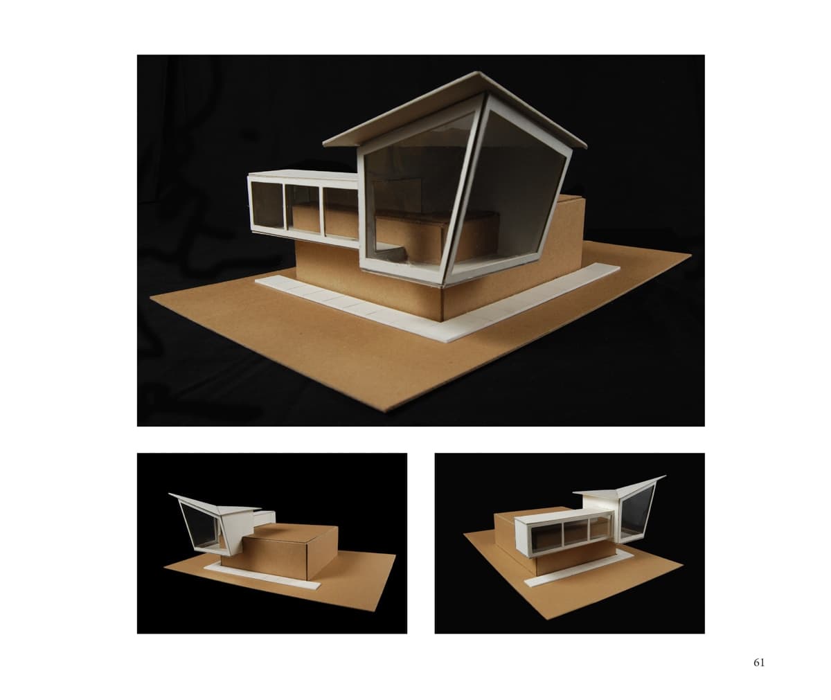 A model of a contemporary house with sharp, angular lines. The structure has large glass windows and a slanted roof, built on a simple base, with a clean, minimalist style.