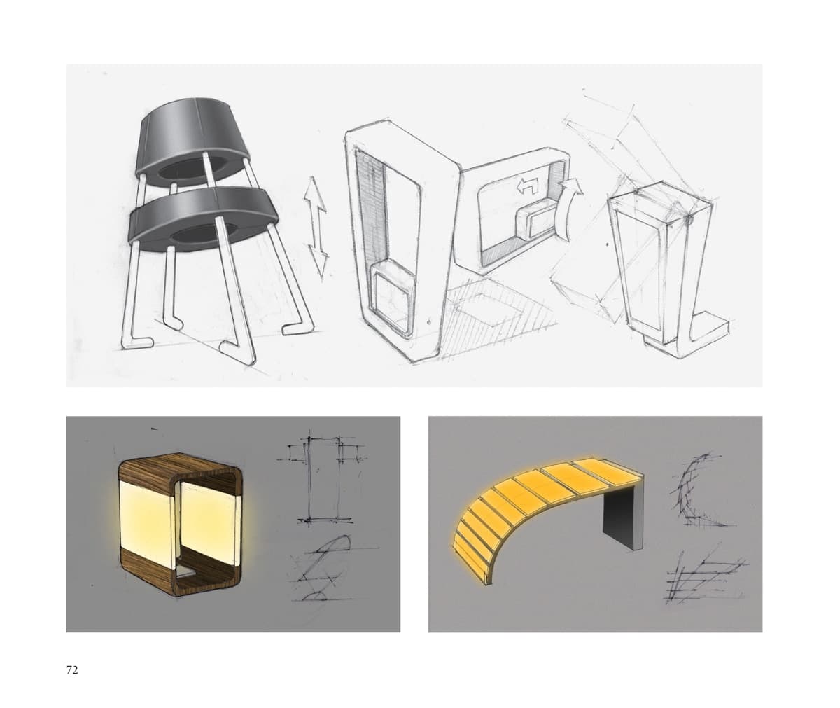 Concept sketches and renders of various product designs, including a stool with a height-adjustable mechanism and creative light fixtures, blending modern materials like wood and metal.