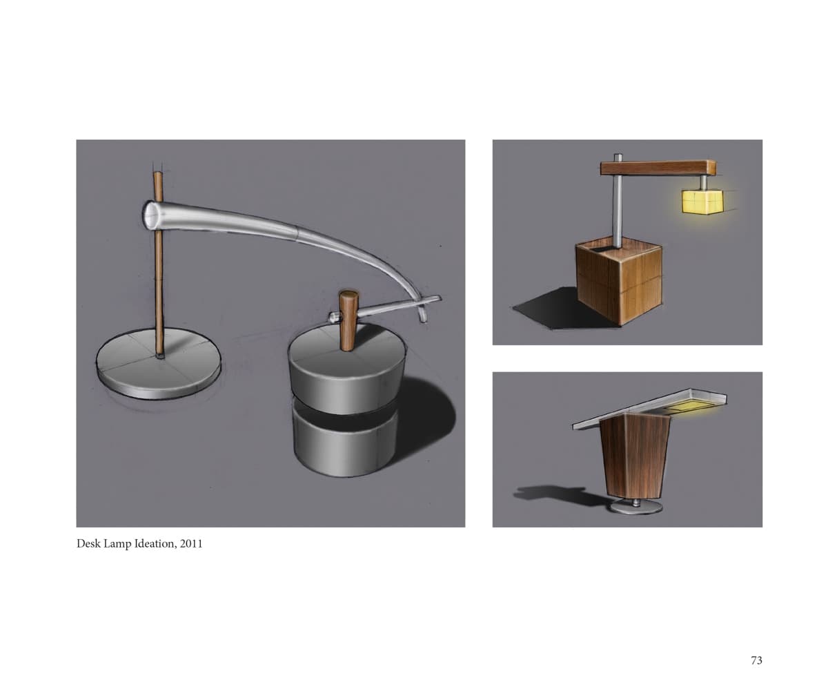 A series of desk lamp designs from 2011 featuring sleek, minimalist styles. The lamps have modern, geometric forms, including curved and angular elements, with wood and metal components.
