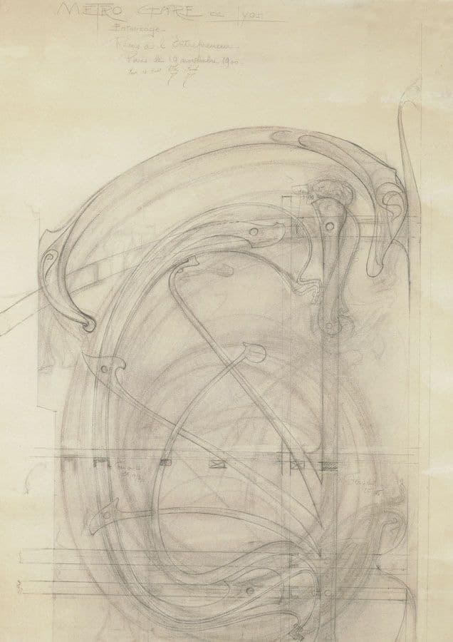 An intricate architectural sketch of a Paris Métro entrance, drawn in a soft, flowing Art Nouveau style. The curves and swirls of the structure resemble organic shapes, with elegant, stylized lines creating a sense of movement and fluidity. The details suggest both mechanical elements and natural forms, blending geometry with artistry. Handwritten notes are visible at the top, providing details about the project, while the delicate pencil work emphasizes the design's complexity and grace.