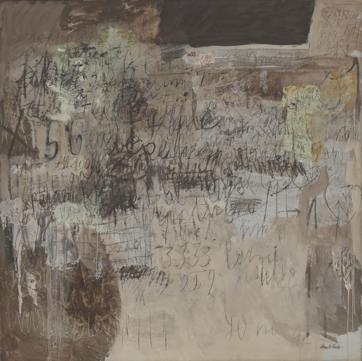 An abstract artwork featuring overlapping scribbles, numbers, and words in various shades of black, brown, and beige, layered on a textured surface, evoking a sense of chaos or confusion.