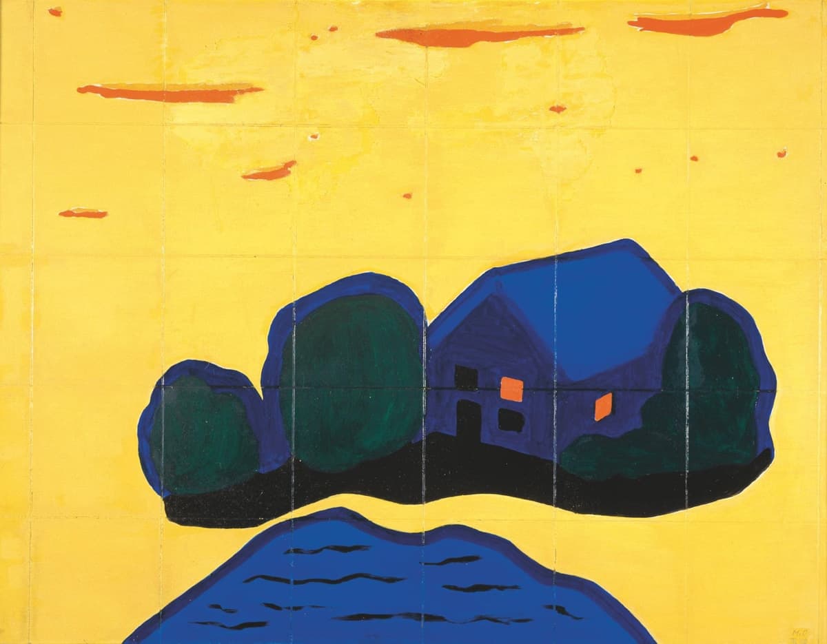 A stylized painting of a house with dark blue walls and windows glowing orange, surrounded by blue-green foliage, set against a bright yellow sky with orange clouds.