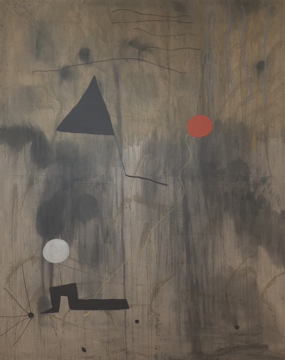 A muted abstract painting featuring a black triangle, a white circle, a red circle connected by a thin yellow line, and irregular black and blue lines against a textured, brownish background.