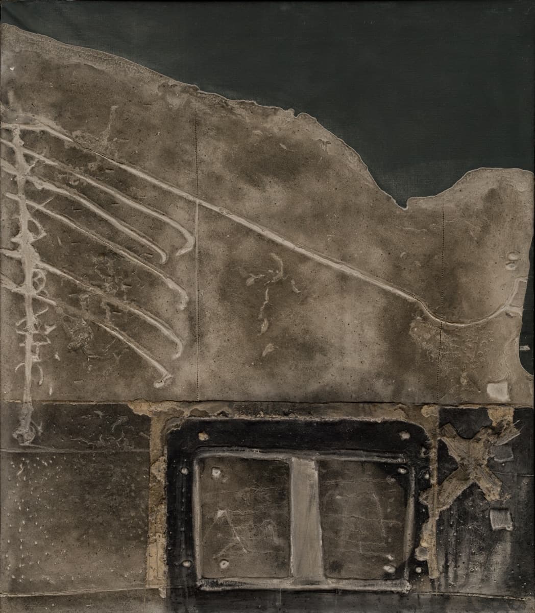 A muted, textured abstract piece with organic patterns and rough, earthy shades of gray, beige, and black, featuring subtle lines and relief-like markings.