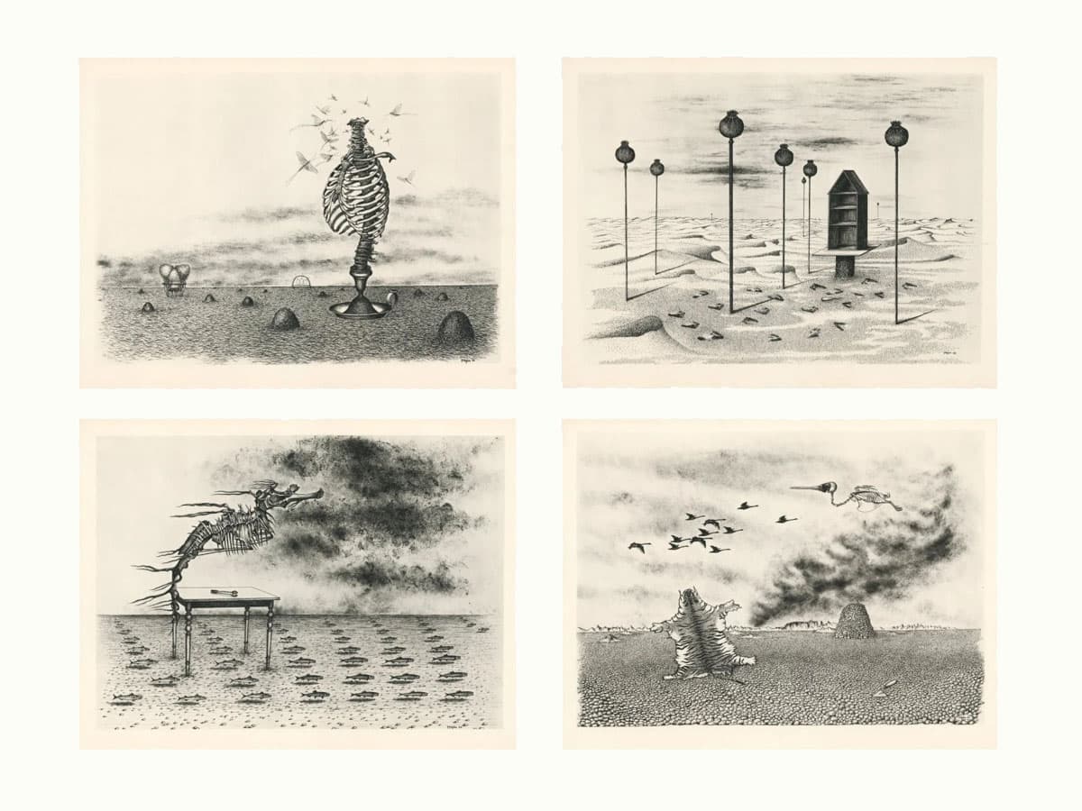 A set of four surreal black-and-white drawings depicting otherworldly landscapes with strange, skeletal figures, floating structures, and barren, dreamlike deserts.