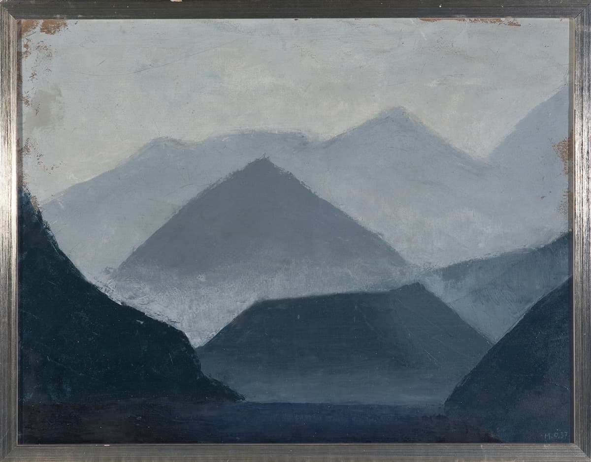A minimalist landscape painting of blue and gray mountain peaks in layers, fading into the background under a muted, cloudy sky.