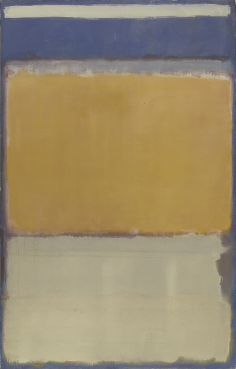 An abstract painting with large blocks of muted yellow, blue, and white, softly blending at the edges, evoking a sense of minimalism and calm.