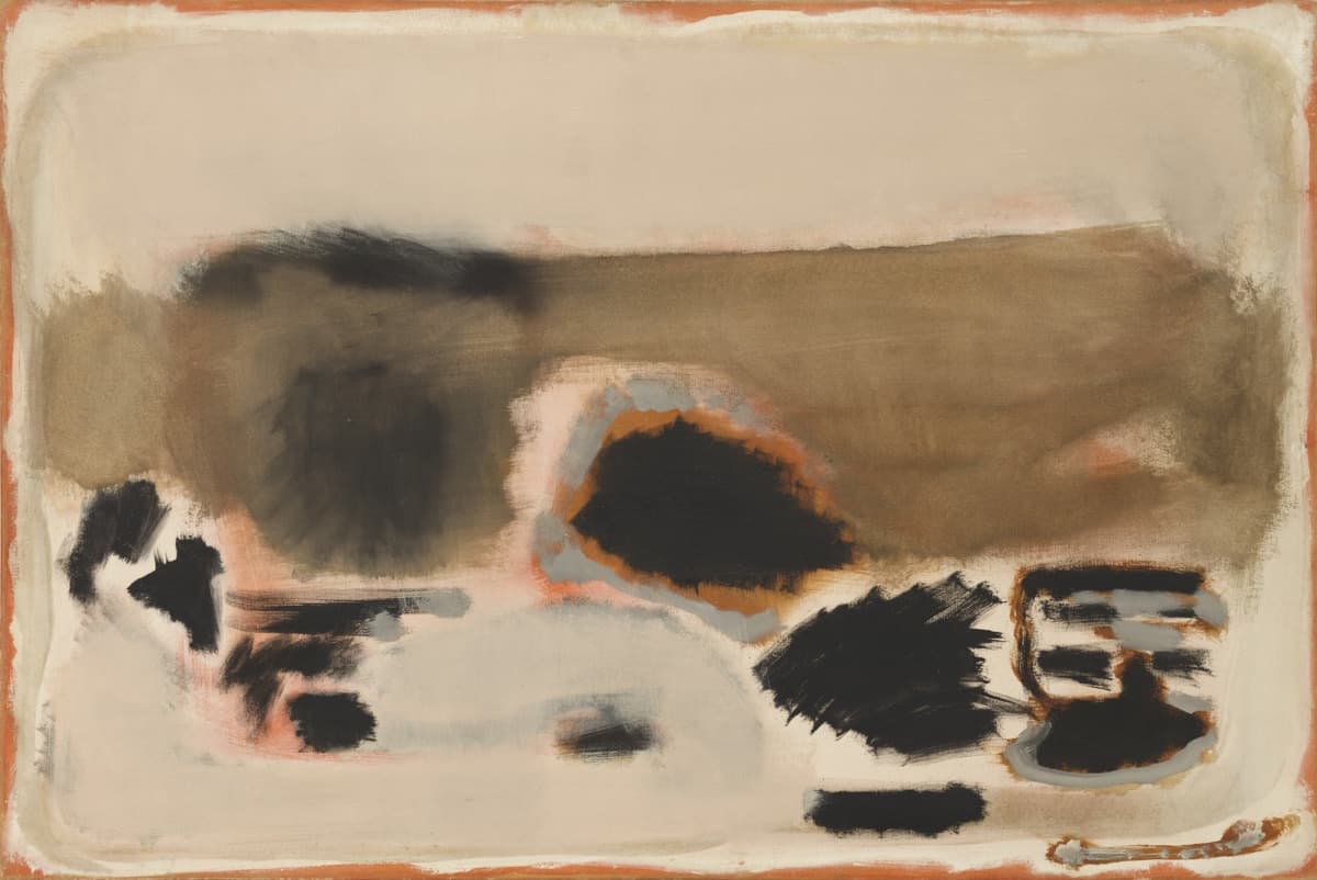 A soft, abstract painting with blended browns, blacks, and off-whites, creating organic shapes across a neutral background with a faded reddish border.