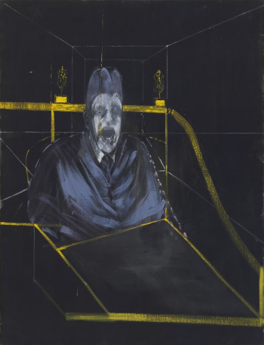 A dark, abstract portrait of a person seated in a confined space, with geometric yellow lines framing their form, and their face contorted in an expression of anguish.