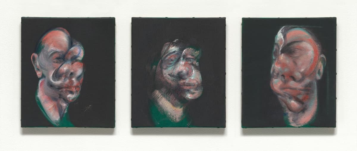 A triptych of abstract portraits, each showing a distorted human face with blurred, swirling features on dark backgrounds, evoking a sense of unease.