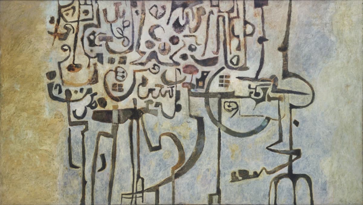 An abstract painting featuring flowing, curving black lines and shapes on a light textured background, evoking a sense of movement and depth.