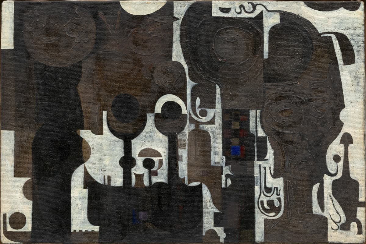 An abstract painting dominated by dark brown and black organic shapes, with hints of white and gray. Some shapes resemble faces or figures, while others are geometric.