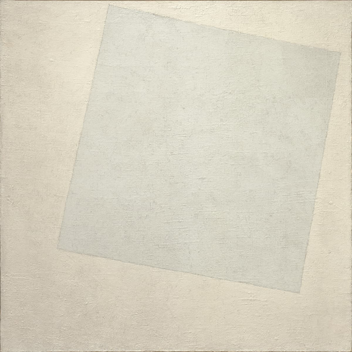 A minimalist painting featuring two overlapping white squares on a light textured background, creating a subtle interplay of shadows and tones.
