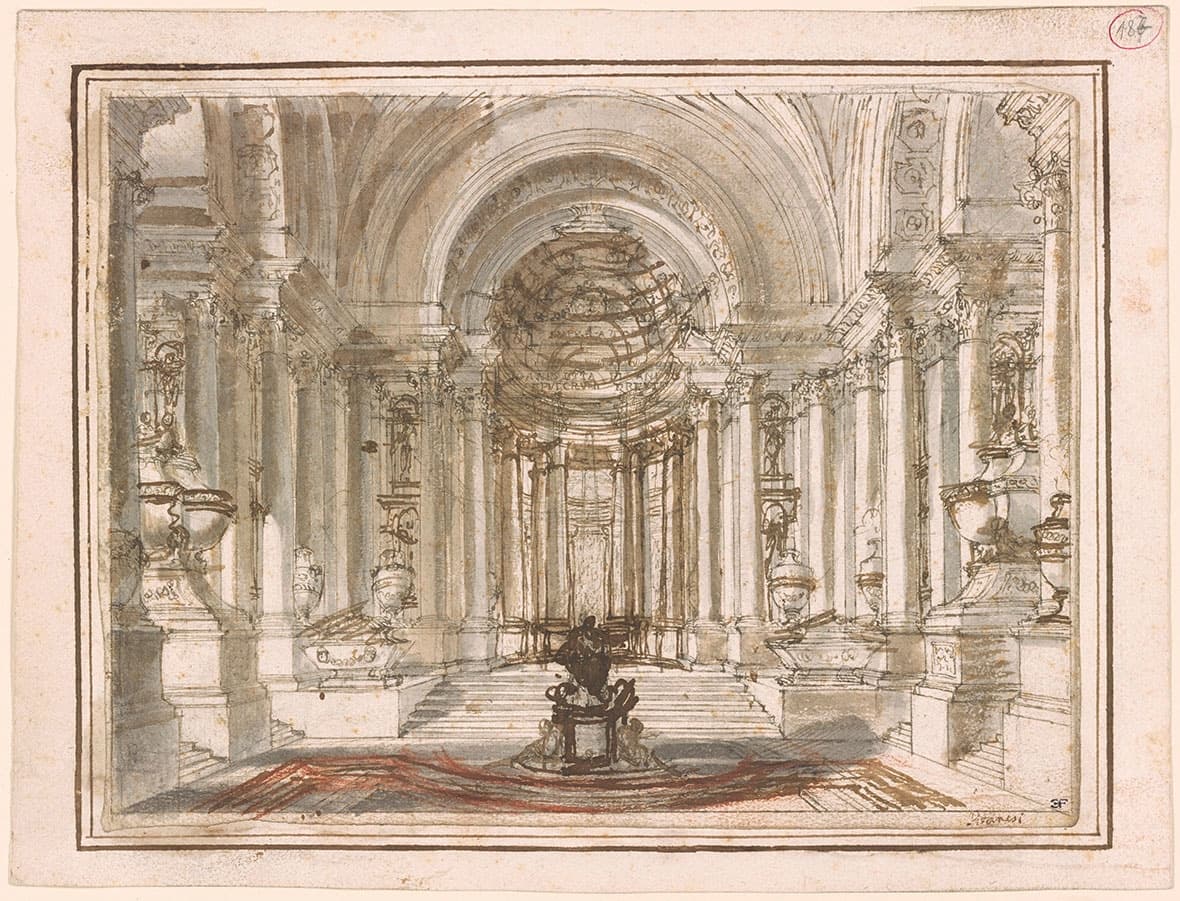 A detailed architectural drawing of a lavish church interior, showcasing grand columns, arches, and a coffered ceiling. The space is decorated with ornate urns, sculptures, and a central fountain, with subtle color shading highlighting the grandeur of the structure.