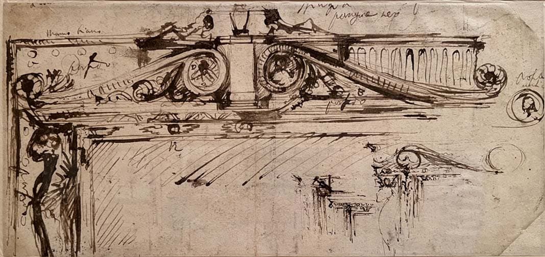 A detailed architectural sketch of an ornate entablature, featuring decorative scrollwork, a central support, and intricate patterns, drawn in dark ink with additional notes and smaller sketches surrounding the main structure.