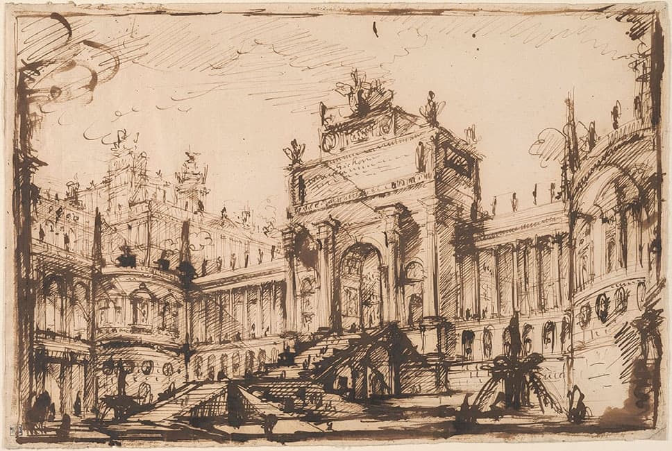 An architectural fantasy drawing of a grand forum with large staircases leading to monumental archways and buildings adorned with statues and columns. The sketch is rendered in sepia tones with sweeping, dramatic strokes.