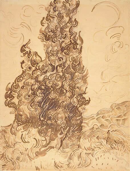 This detailed ink drawing shows Van Gogh’s swirling, dynamic style applied to a towering cypress tree. The motion in the lines brings the tree to life, almost as if it's swaying in the wind.