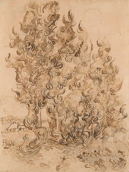 This sepia drawing highlights the fluid, swirling lines Van Gogh often used to depict nature. The tall cypress trees seem to sway with dynamic motion, creating a sense of liveliness and depth even without the use of color.