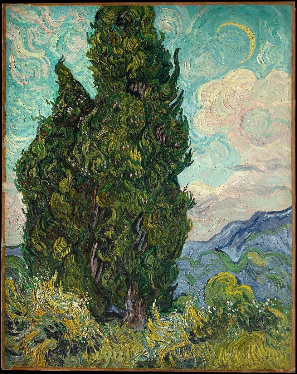 In this painting, Van Gogh portrays large, towering cypress trees with his characteristic bold, swirling strokes. The trees stand against a background of mountains and a vibrant sky, full of movement and color.