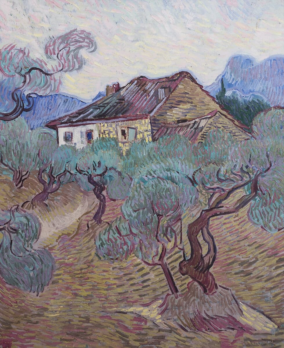 This painting shows a charming farmhouse set amidst swirling olive trees, with expressive brushstrokes characteristic of Van Gogh's style. The landscape around the house is lively with movement, capturing the energy of nature.