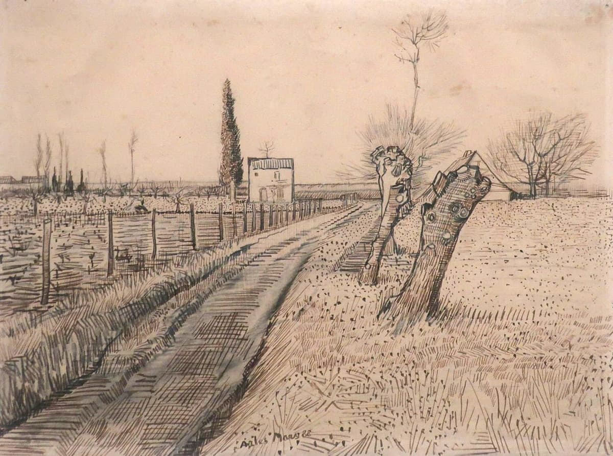 The artwork depicts a rural landscape with a path leading toward a small house in the distance. The scene is framed by pollard willows, whose trunks are pruned in a way that creates a distinct, gnarled look, characteristic of these trees in Van Gogh’s works. A fence runs parallel to the path, adding structure to the expansive field that stretches out on either side.